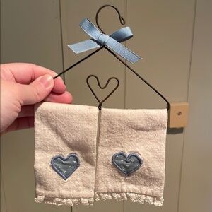 Cream Hand Towels with Blue Heart Accents